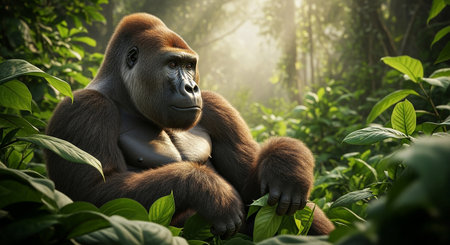 Gorilla sitting in the jungle. 3d render illustration.の素材