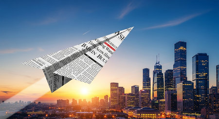Paper plane flying in the sky as a symbol of new business opportunitiesの素材