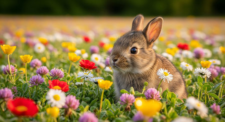 Cute little rabbit sitting in the meadow with colorful flowers.の素材