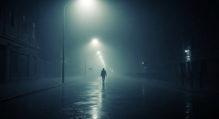 Silhouette of a man walking in a foggy street at nightの素材