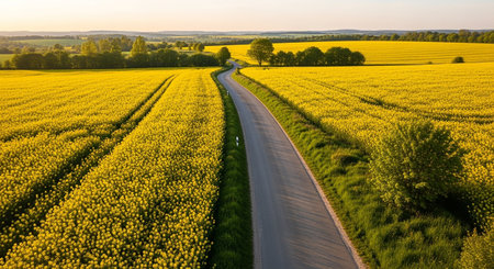 Aerial view of a road through a blooming rapeseed fieldの素材