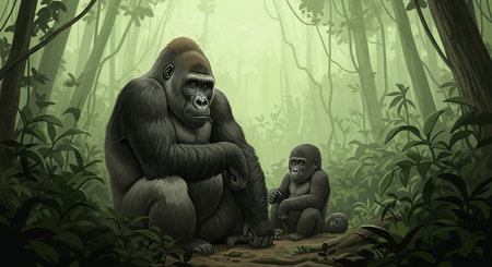 Gorilla family in the jungle - 3D render illustration.の素材