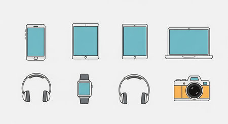 Set of modern gadgets icons. Smartphone, laptop, tablet, headphones and mobile phone. Vector illustrationの素材