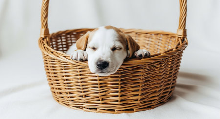 Cute beagle puppy sleeping in wicker basket on white backgroundの素材
