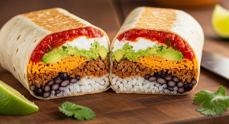 Mexican burritos with vegetables and cheese on a wooden boardの素材