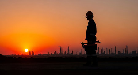 Silhouette engineer at oil refinery with sunset background. Oil and gas industry.の素材
