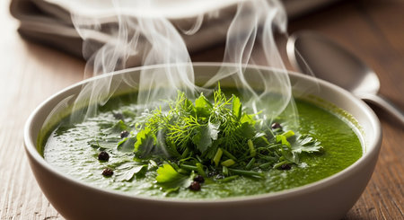Parsley soup in bowl on wooden table. Close up.の素材