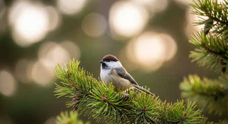 Marsh tit (Poecile palustris) sitting on a pine branchの素材