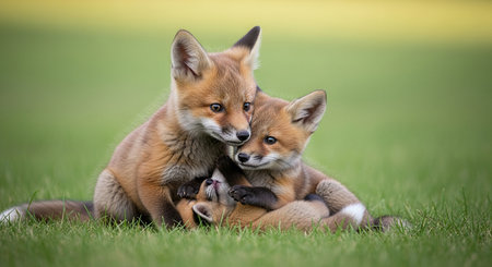Red fox cubs ( Vulpes vulpes) in the grassの素材