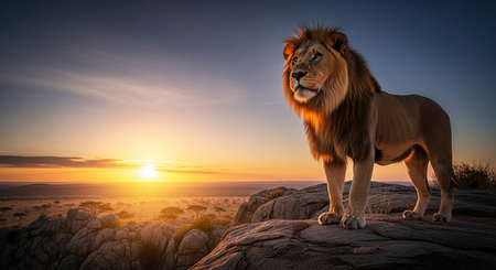 Lion on the top of a rock with sunset in the backgroundの素材