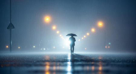 Businessman with umbrella in foggy city. 3D Renderingの素材