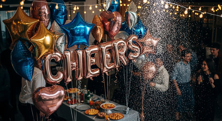 Party balloons with the inscription on the background of people having fun.の素材