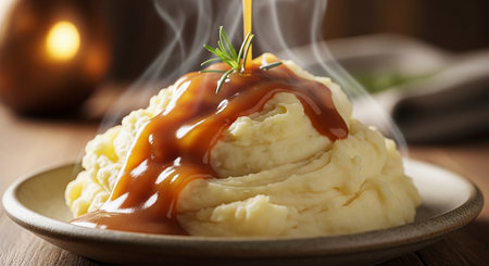 Pouring caramel sauce on mashed potato on plate, closeup viewの素材