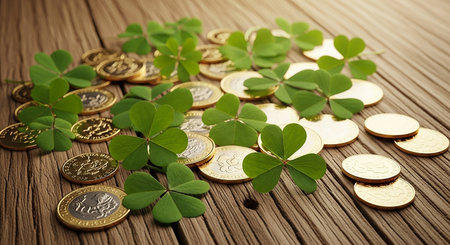 Four leaf clover and coins on wooden background. St. Patrick's Dayの素材