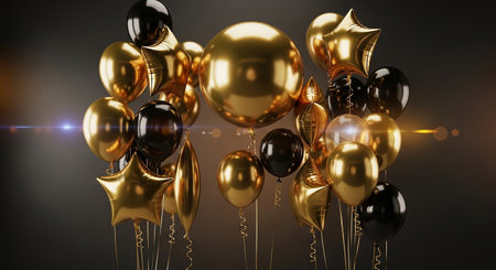 golden and black balloons with ribbons, 3d render illustrationの素材