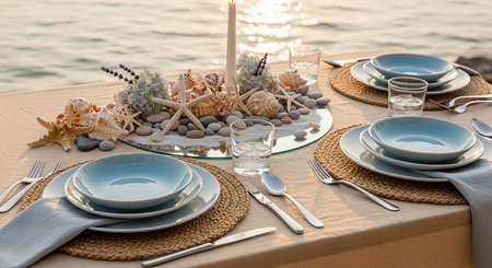 Table setting with blue plates and cutlery on the beach.の素材