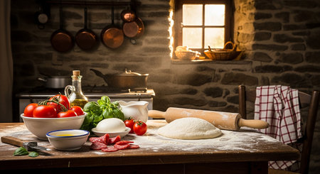 Pizza ingredients on wooden table in kitchen with brick wall background.の素材