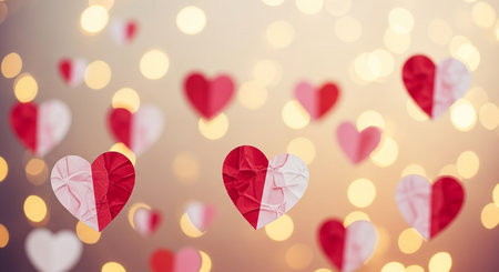 Red and white paper hearts on bokeh background. Valentines day conceptの素材