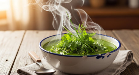 Bowl of fresh green dill soup with steam on wooden tableの素材