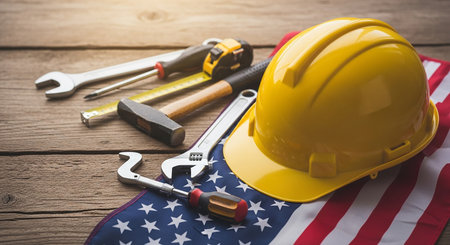 Hard hat and construction tools on USA flag. Labor day concept.の素材