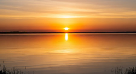 Sunset on the lake. The sun is reflected in the water.の素材