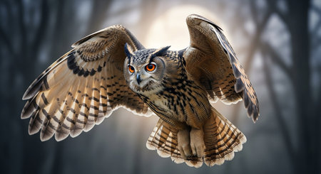 Eagle Owl flying in the misty forest. 3D renderingの素材