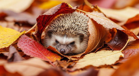 hedgehog in autumn leaves. hedgehog in autumn leaves.の素材