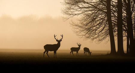 Silhouettes of a deer and a fawn in the fogの素材