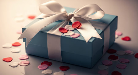 Blue gift box with ribbon and red hearts on a white background.の素材