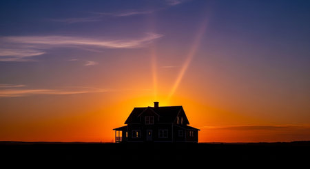 Silhouette of a house at sunset on the prairie.の素材