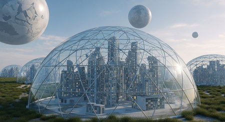 3d render of a futuristic city in a glass sphere with planetの素材