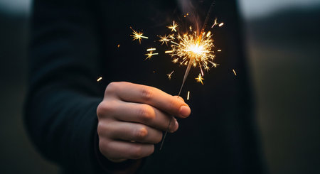 Close-up of a woman's hand holding a sparkler.の素材