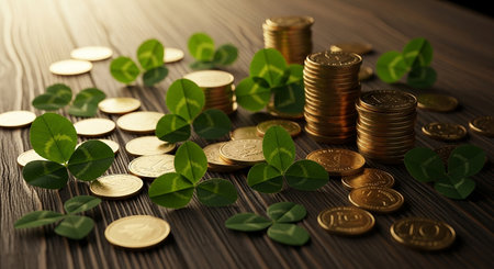 Stacks of coins with clover leaves on wooden table. St. Patrick's day conceptの素材