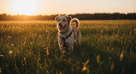 Beautiful golden Labrador retriever dog in the field at sunset.の素材