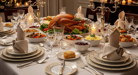 Table setting for Thanksgiving dinner with roasted turkey and other traditional dishes.の素材