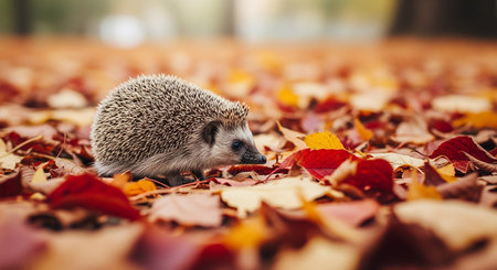 Hedgehog in the autumn park. Wild and free animal.の素材