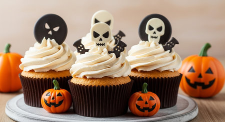 Halloween cupcakes with white buttercream frosting and decorated with carved pumpkins.の素材