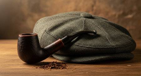 Old smoking pipe and hat on the wooden table. Vintage style.の素材