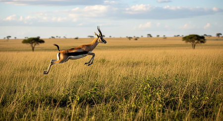 Springbok jumping in the Okavango Delta - Moremi National Park in Botswanaの素材