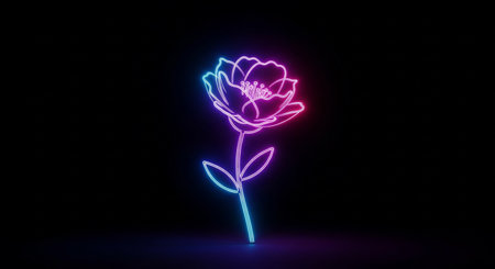 Flower neon sign. Glowing rose on black background. 3D renderingの素材