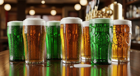 Glasses of different beer on table in pub, closeup viewの素材