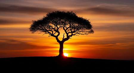 Silhouette of a tree at sunset in Africa. 3d renderingの素材