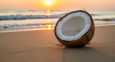 Coconut on the beach at sunset. Summer vacation concept.の素材