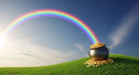 Pot of gold coins on green grass with rainbow. 3d renderの素材