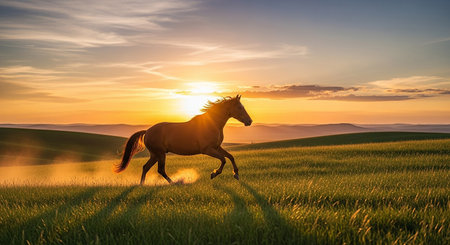 Horse running on green meadow at sunset. Beautiful landscape with horse.の素材