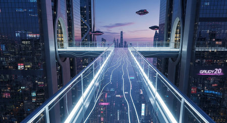 Hologram light trails over skyscrapers, 3d renderingの素材