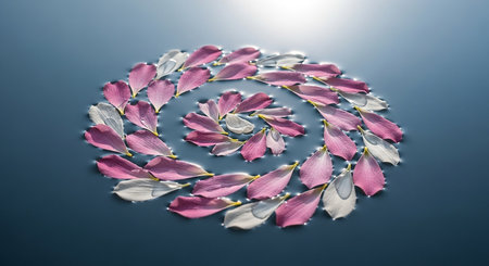 Petals of a pink flower in a circle on a blue backgroundの素材