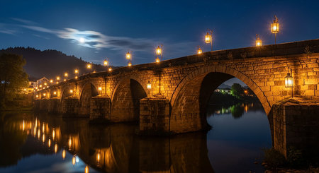 Old stone bridge over the river at night with reflection in the waterの素材