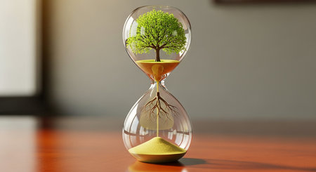 Hourglass with green tree growing inside. Time management concept. 3D Renderingの素材
