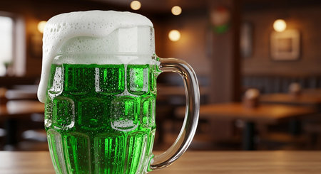 Mug of beer with foam on table in pub, closeupの素材